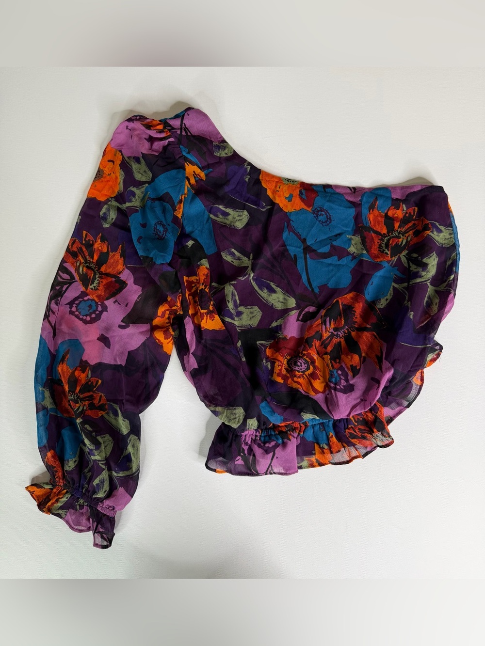 Lush Chifon One-Shoulder Floral Blouse in Purple and Orange